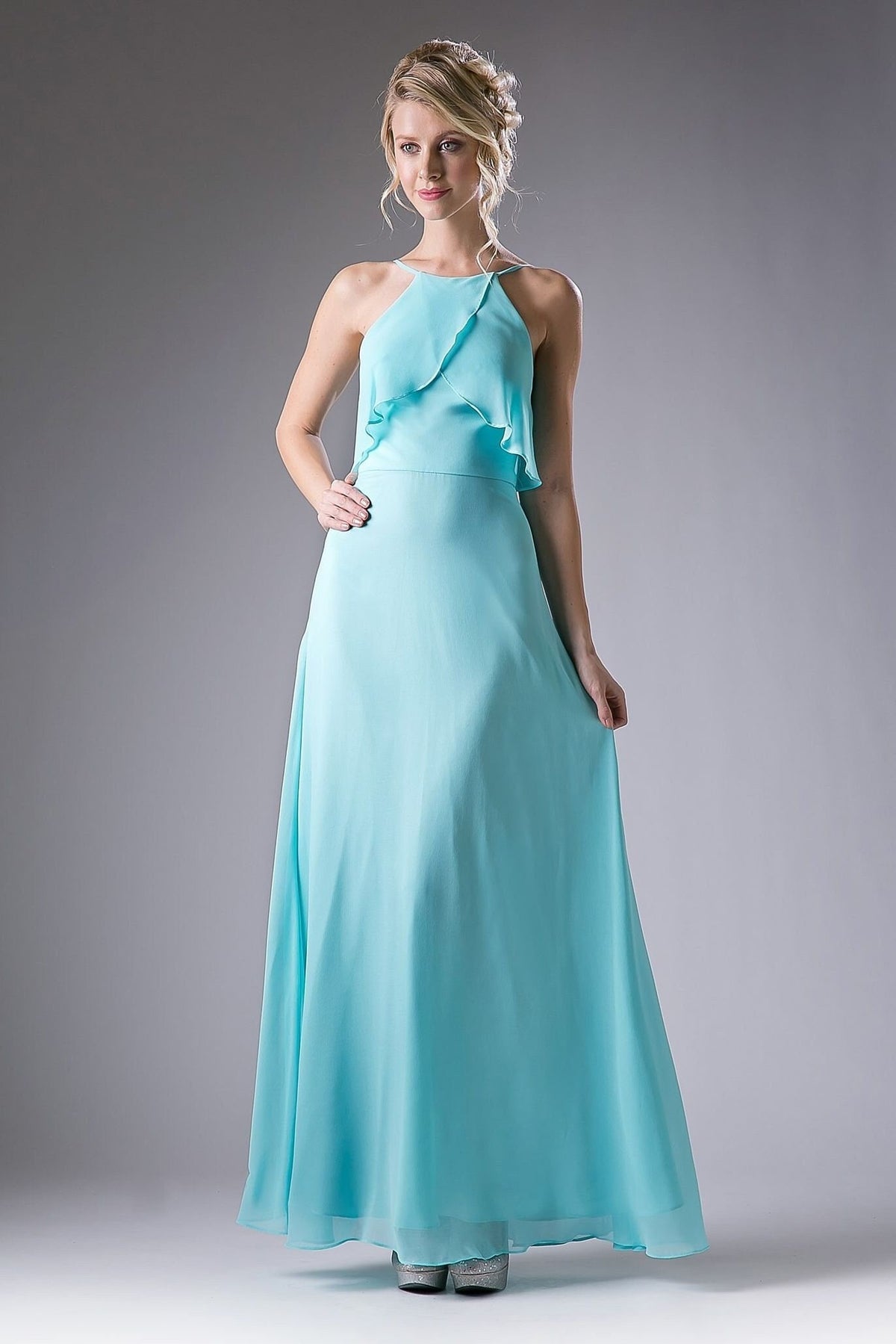 Modern Simple Minimalist Aline Halter Top Prom Dress Formal Gown Chiffon Floor Length Open Back and Straps Sleeveless