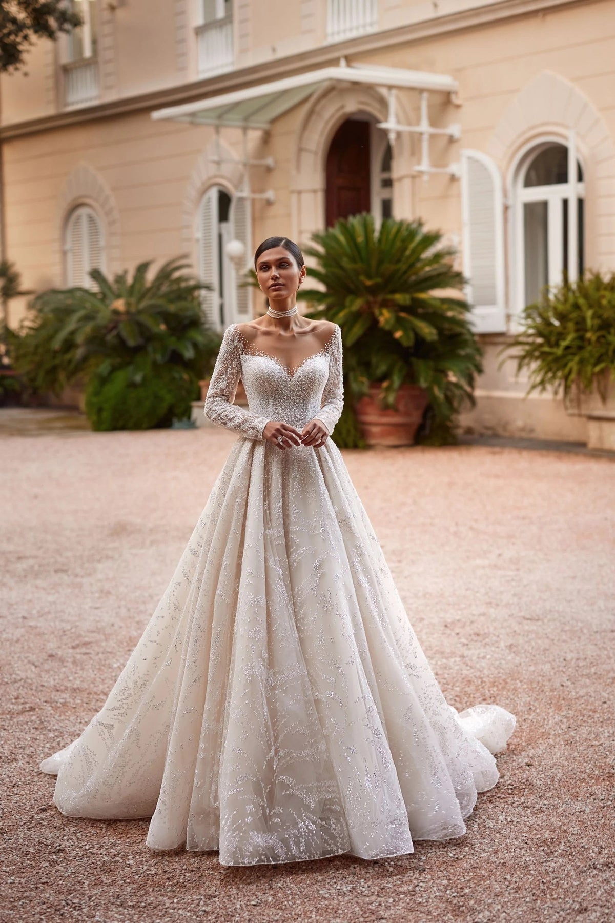 Stunning Aline Long Illusion Sleeves Translucent Bodice Sweetheart Neckline Pearl Wedding Dress Bridal Gown Sparkle Fabric