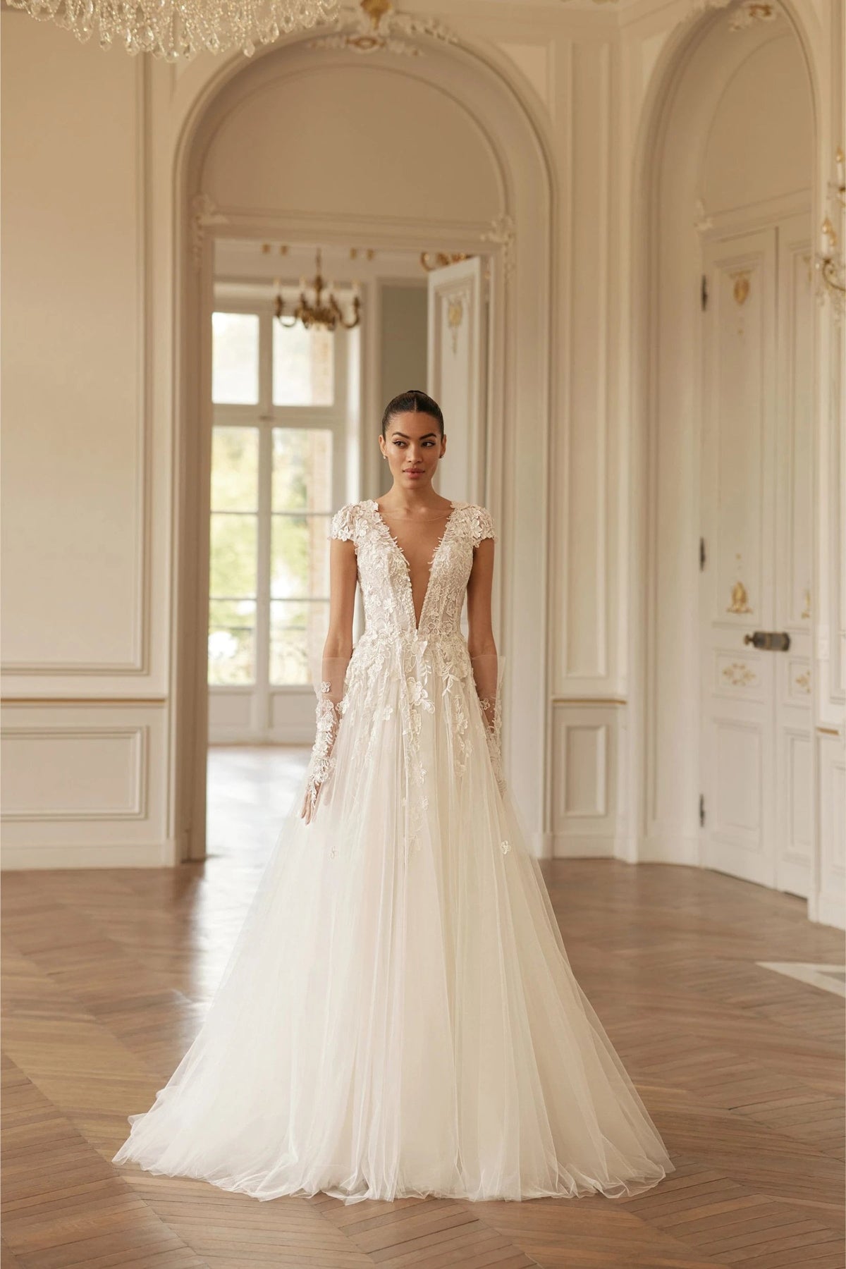 Princess Aline Short Cap Sleeves Translucent Bodice Deep V Neckline Floral Wedding Dress Bridal Gown 3D Flowers