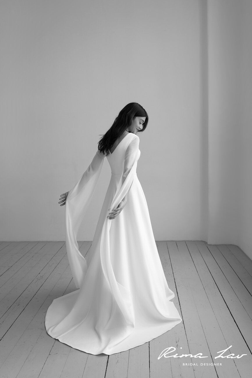 Enchanting Elegance Bridal Gown Wedding Dress Aline Deep V neckline Goddess Cape Sleeves Unique Design Fantasy Style