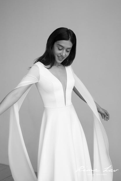 Enchanting Elegance Bridal Gown Wedding Dress Aline Deep V neckline Goddess Cape Sleeves Unique Design Fantasy Style