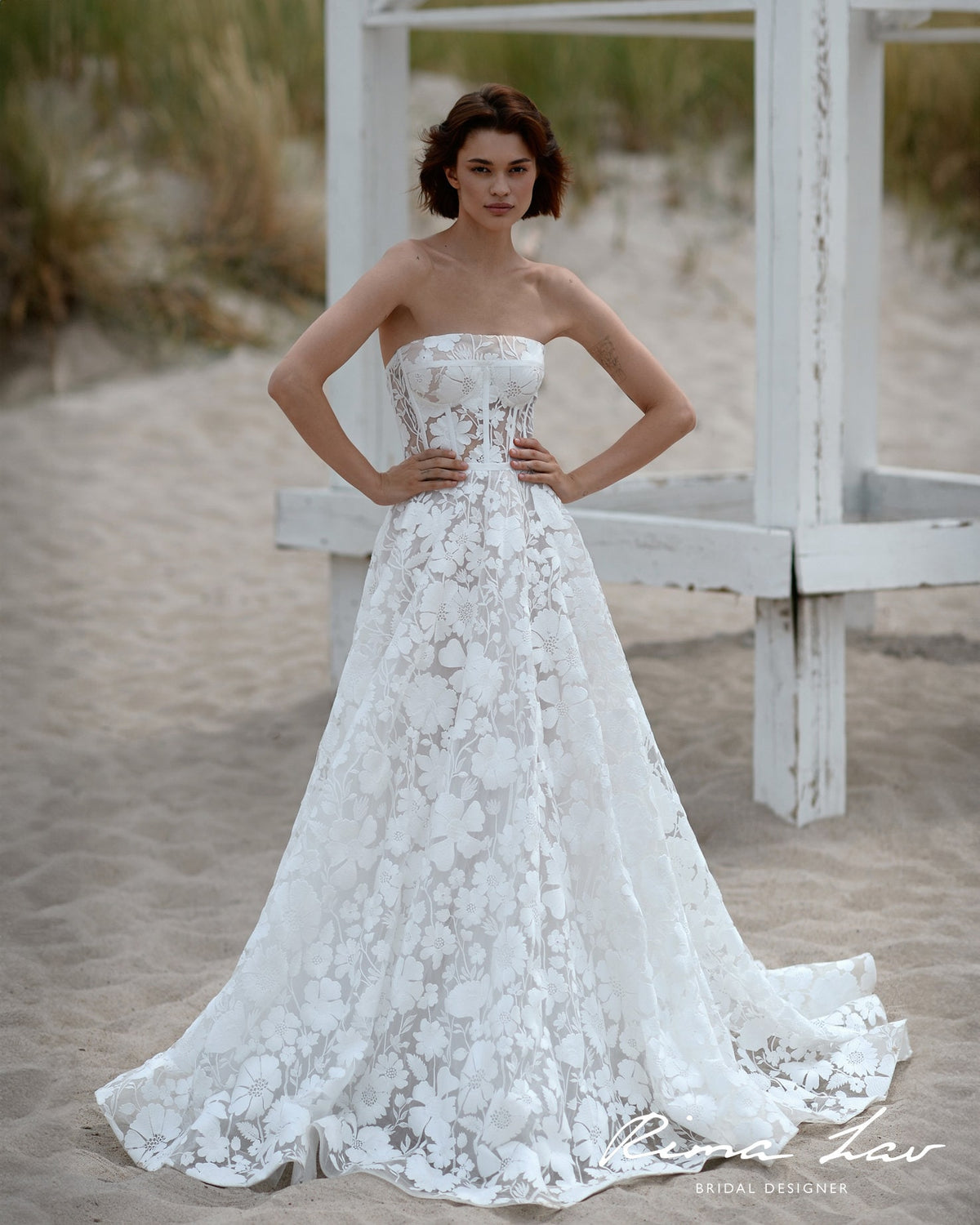 Modern Strapless Bridal Gown Wedding Dress Aline Straight Neckline Sleeveless Large Floral Lace Timeless Romance