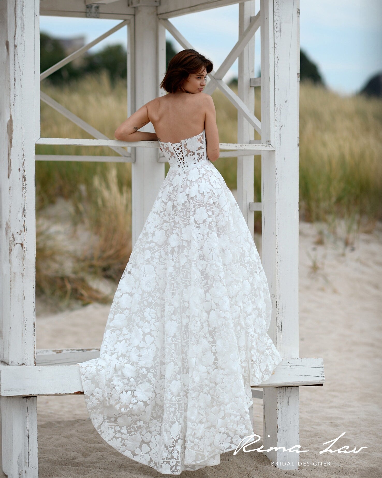 Modern Strapless Bridal Gown Wedding Dress Aline Straight Neckline Sleeveless Large Floral Lace Timeless Romance