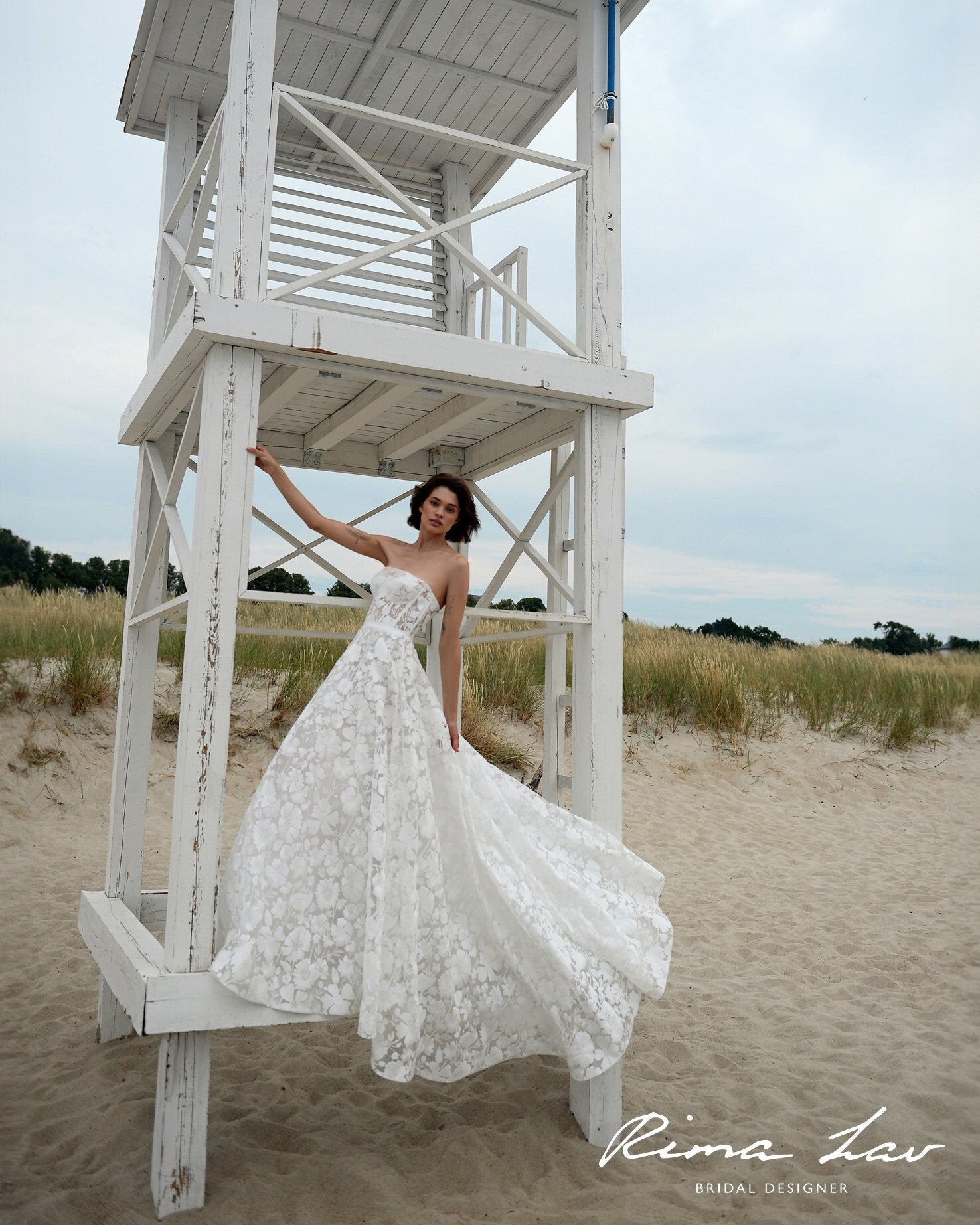 Modern Strapless Bridal Gown Wedding Dress Aline Straight Neckline Sleeveless Large Floral Lace Timeless Romance