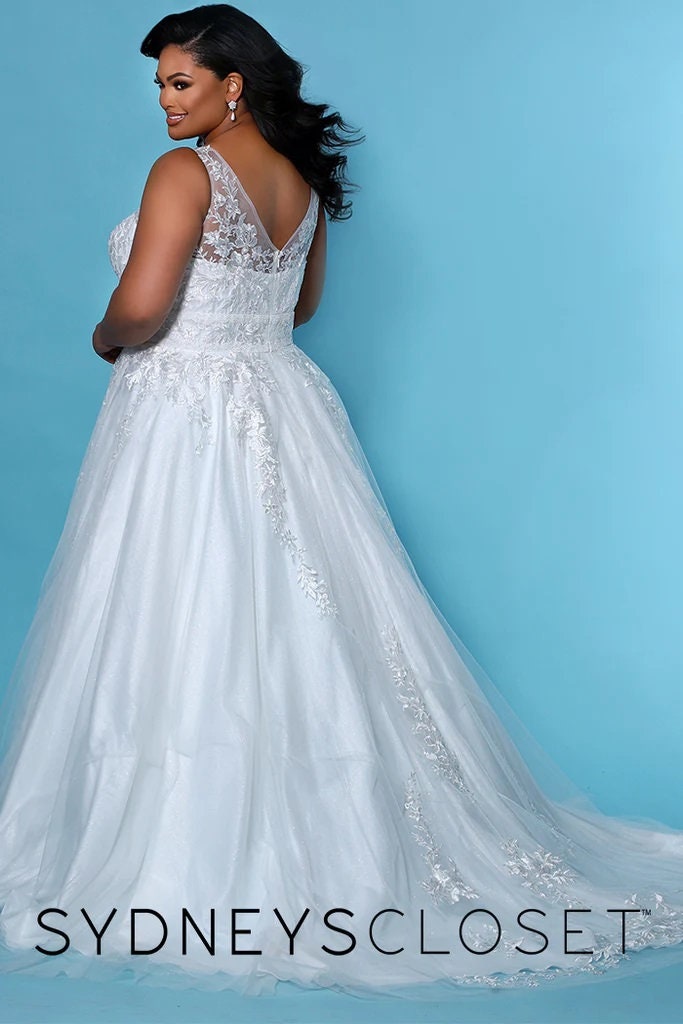 Aline Plus Size Wedding Dress Bridal Gown Sleeveless Design V Back Short Train Sparkle Glitter Tulle Satin Lining Black or Ivory Options