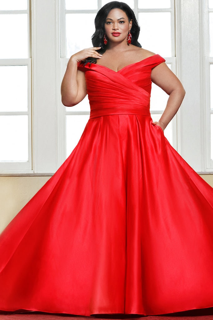 Aline Plus Size Wedding Dress Bridal Gown Off The Shoulder Bridal Satin Black Ivory or Red Options Gathered Waist Buttons Down Back Pleated
