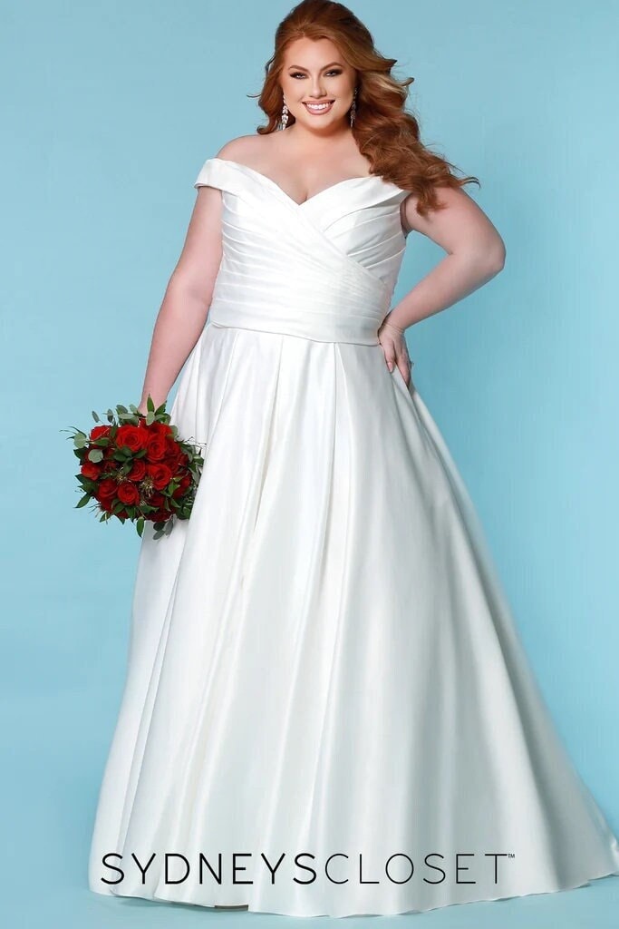 Aline Plus Size Wedding Dress Bridal Gown Off The Shoulder Bridal Satin Black Ivory or Red Options Gathered Waist Buttons Down Back Pleated