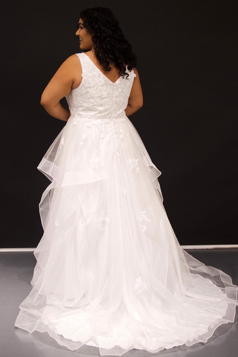 Aline Plus Size Wedding Dress Bridal Gown V Neckline Tiered Tulle Skirt Bridal Black or Ivory Options lace Bodice Bra Friendly Straps