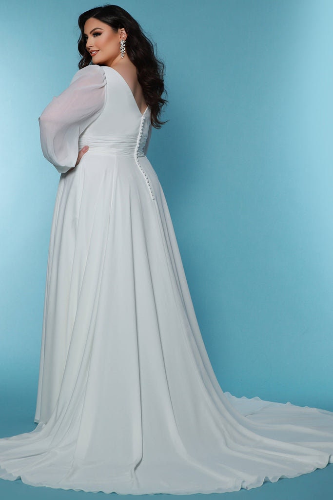 Flowy Aline Plus Size Wedding Dress Bridal Gown V Neckline Long Sleeve Gathered Waist Romantic Train Desination Wedding Flattering Style