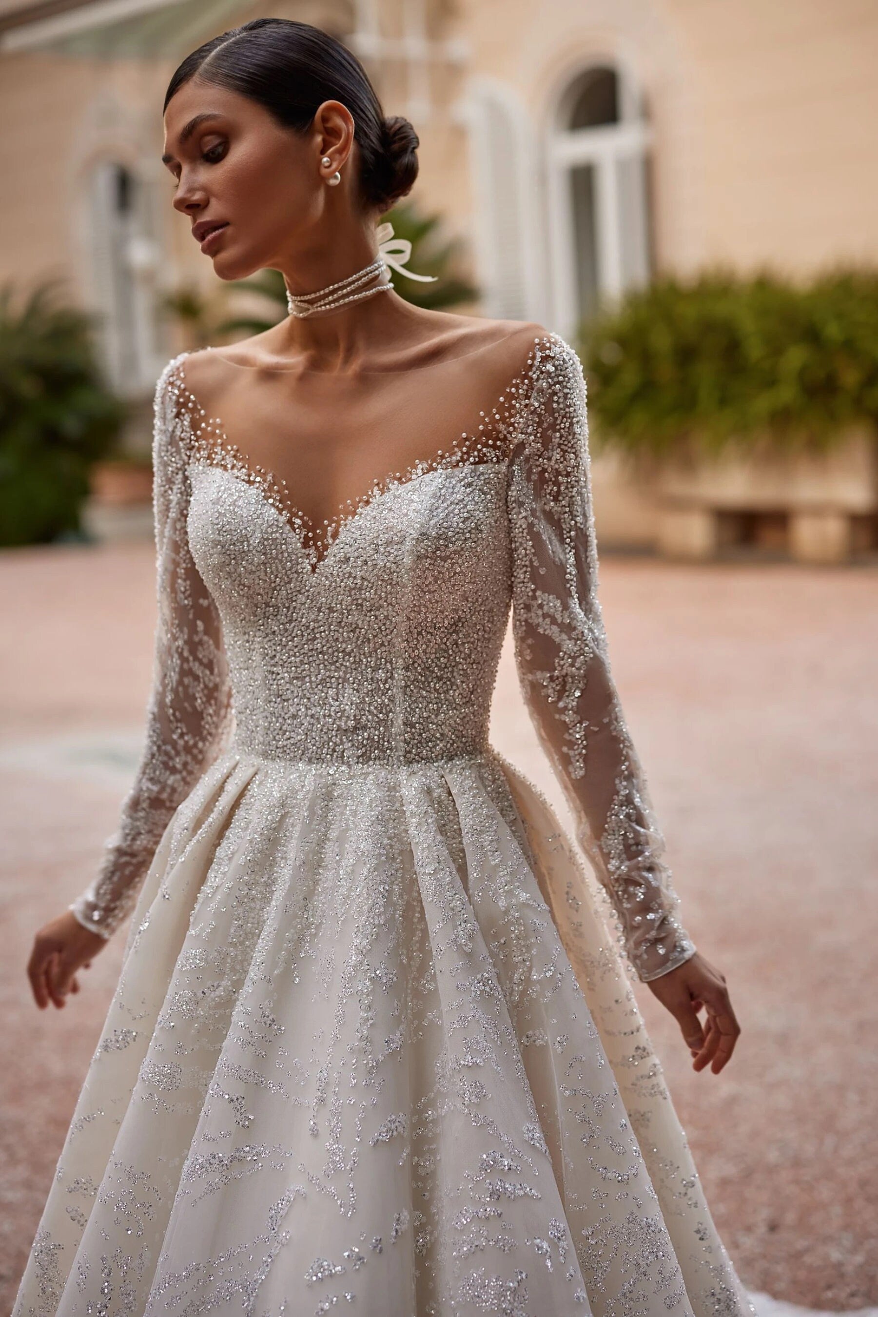 Stunning Aline Long Illusion Sleeves Translucent Bodice Sweetheart Neckline Pearl Wedding Dress Bridal Gown Sparkle Fabric