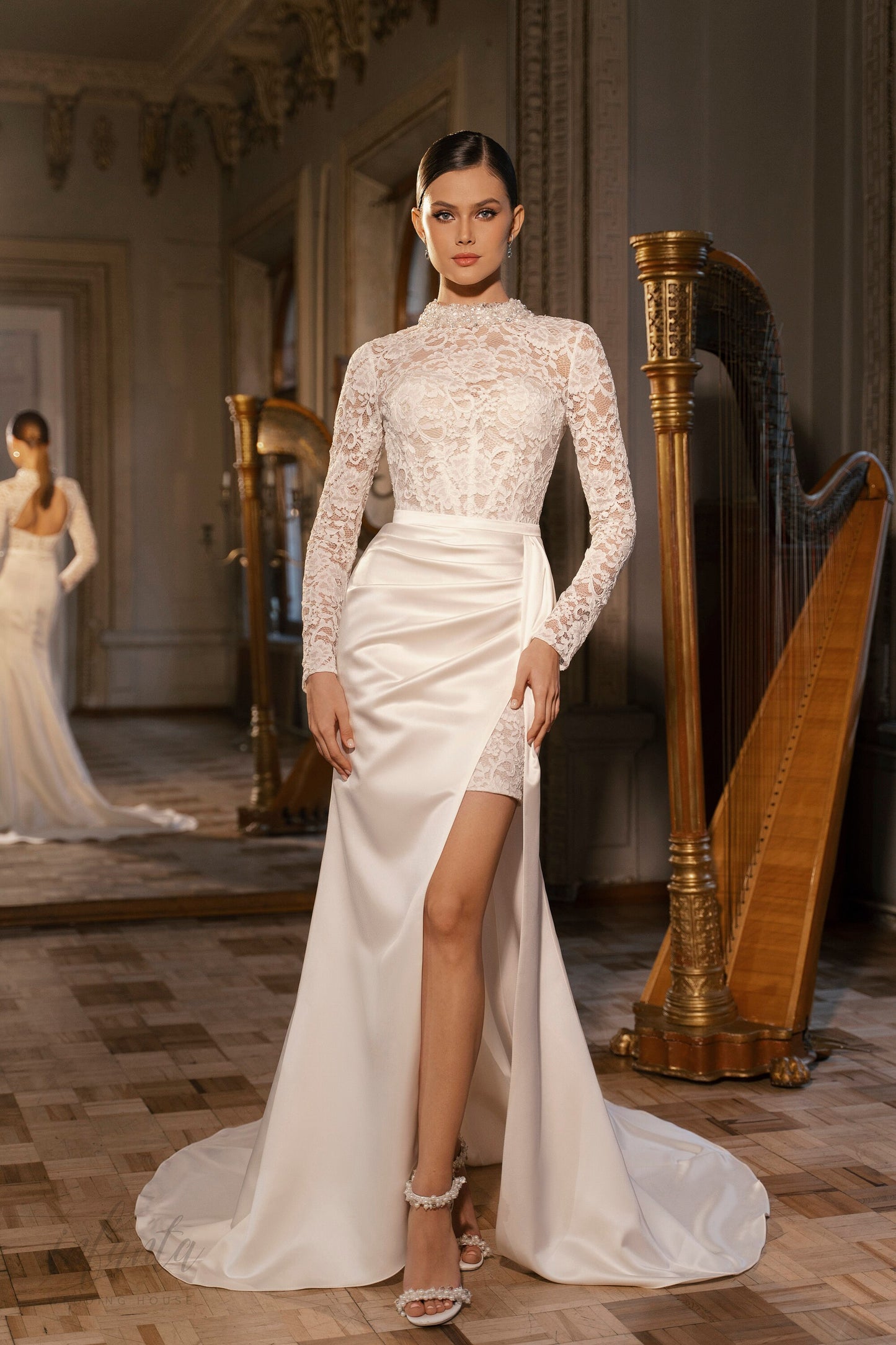 Unique Floral Lace Midi Long Sleeve Wedding Dress Bridal Gown Detachable Train 2 Looks Transformer Pencil Skirt High Collar Modest Keyhole