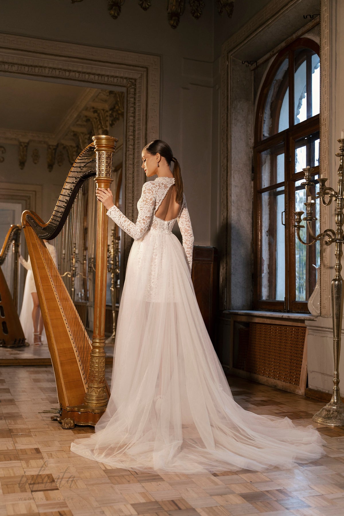 Unique Floral Lace Midi Long Sleeve Wedding Dress Bridal Gown Detachable Train 2 Looks Transformer Pencil Skirt High Collar Modest Keyhole