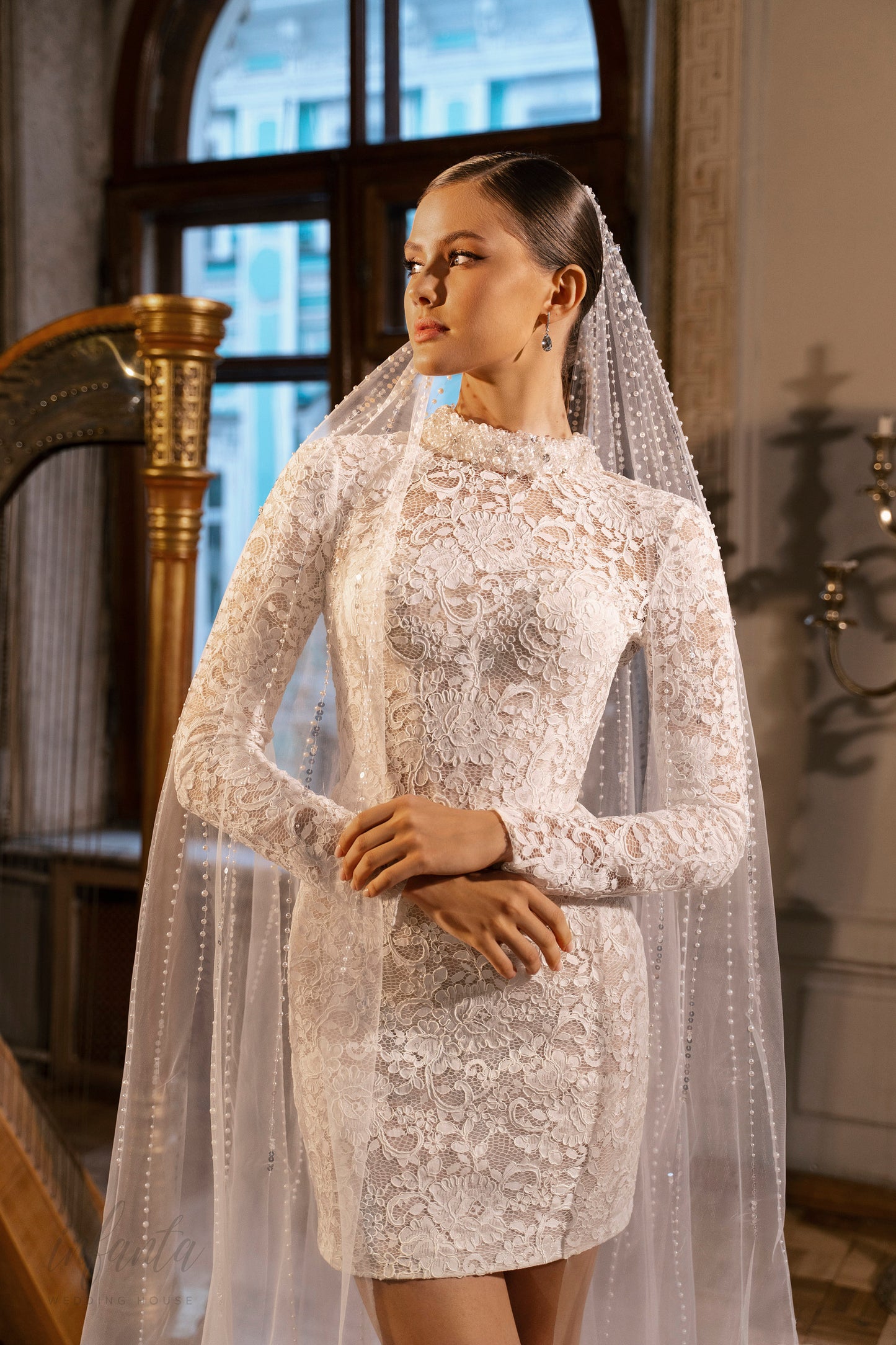 Unique Floral Lace Midi Long Sleeve Wedding Dress Bridal Gown Detachable Train 2 Looks Transformer Pencil Skirt High Collar Modest Keyhole