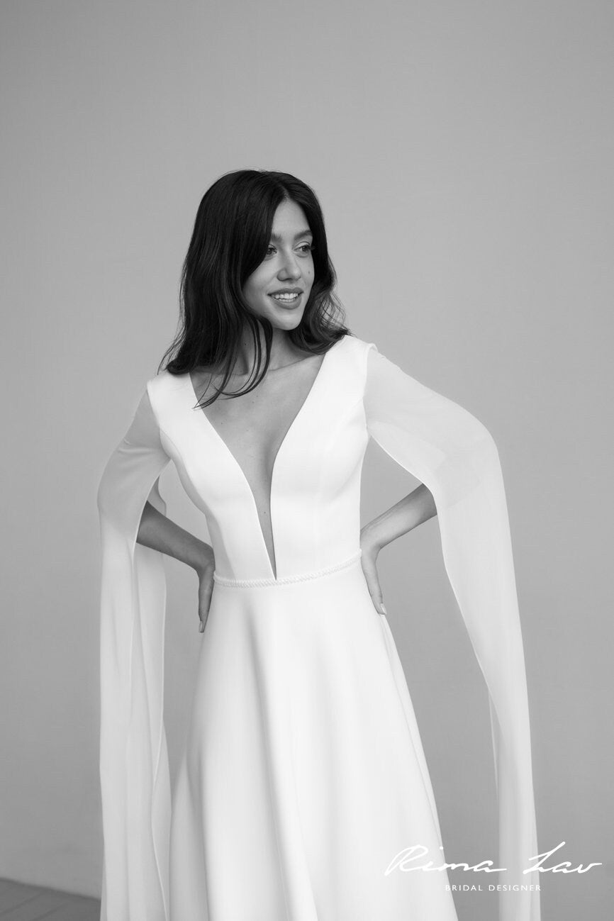 Enchanting Elegance Bridal Gown Wedding Dress Aline Deep V neckline Goddess Cape Sleeves Unique Design Fantasy Style