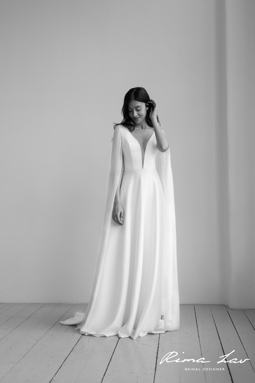 Enchanting Elegance Bridal Gown Wedding Dress Aline Deep V neckline Goddess Cape Sleeves Unique Design Fantasy Style