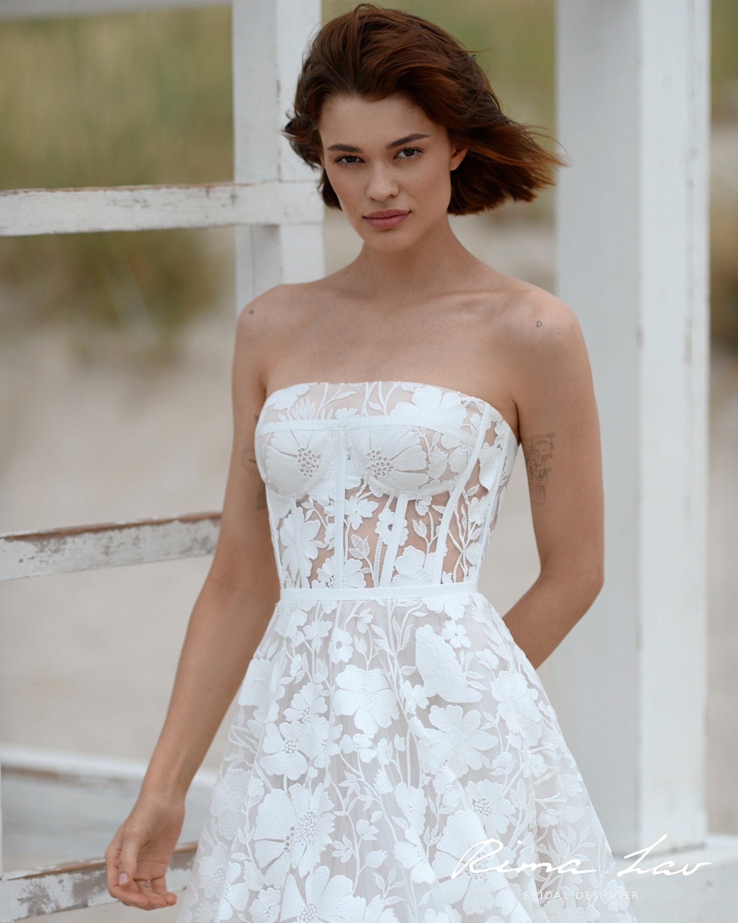 Modern Strapless Bridal Gown Wedding Dress Aline Straight Neckline Sleeveless Large Floral Lace Timeless Romance