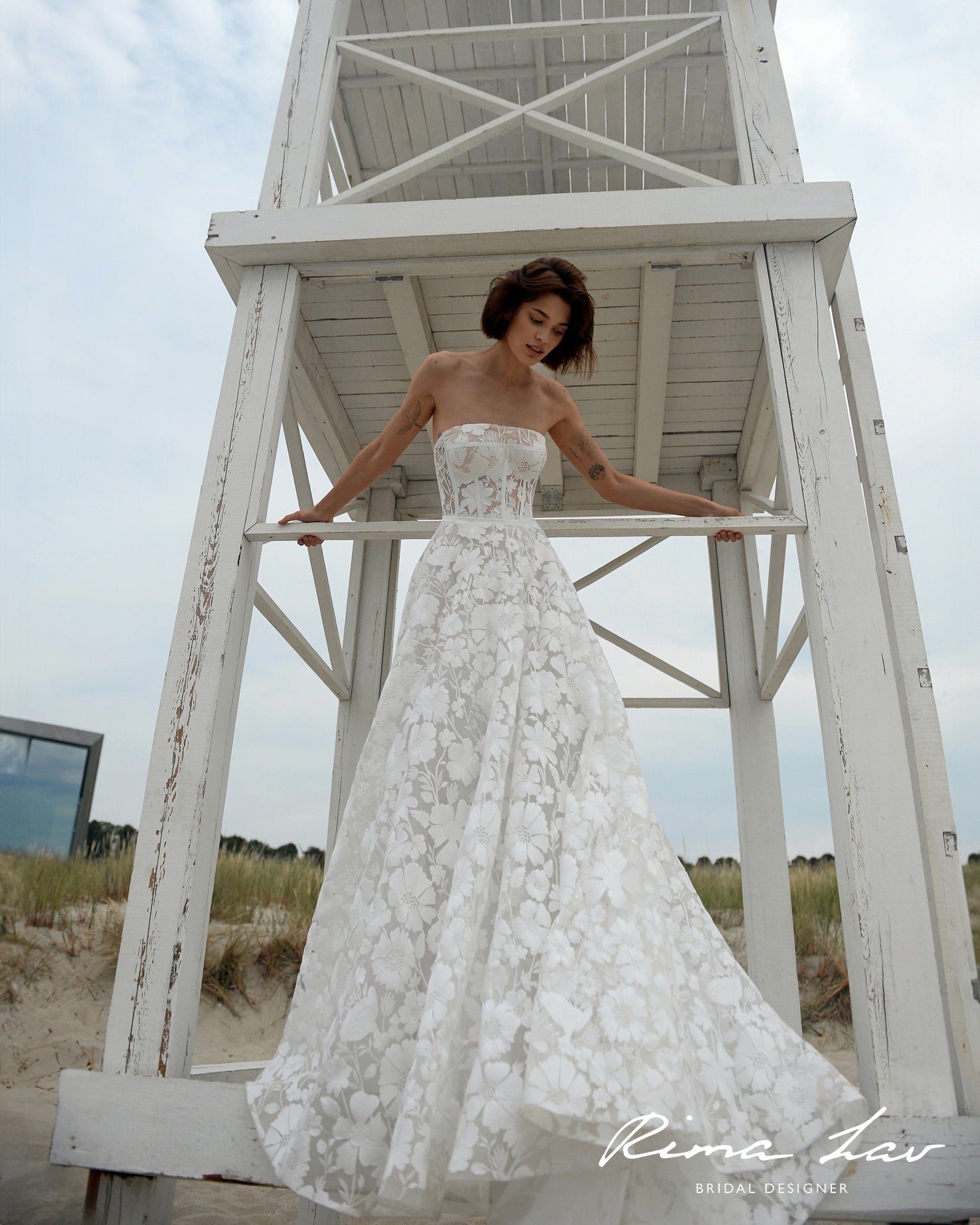 Modern Strapless Bridal Gown Wedding Dress Aline Straight Neckline Sleeveless Large Floral Lace Timeless Romance