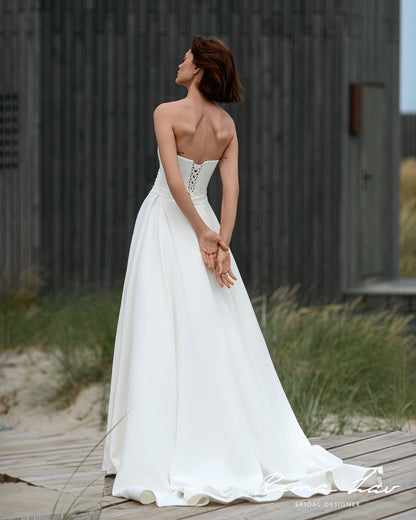 Modern Strapless Bridal Gown Wedding Dress Sheath Scooped Neckline Sleeveless Detachable Train Timeless Romance Gathered Waist Corset