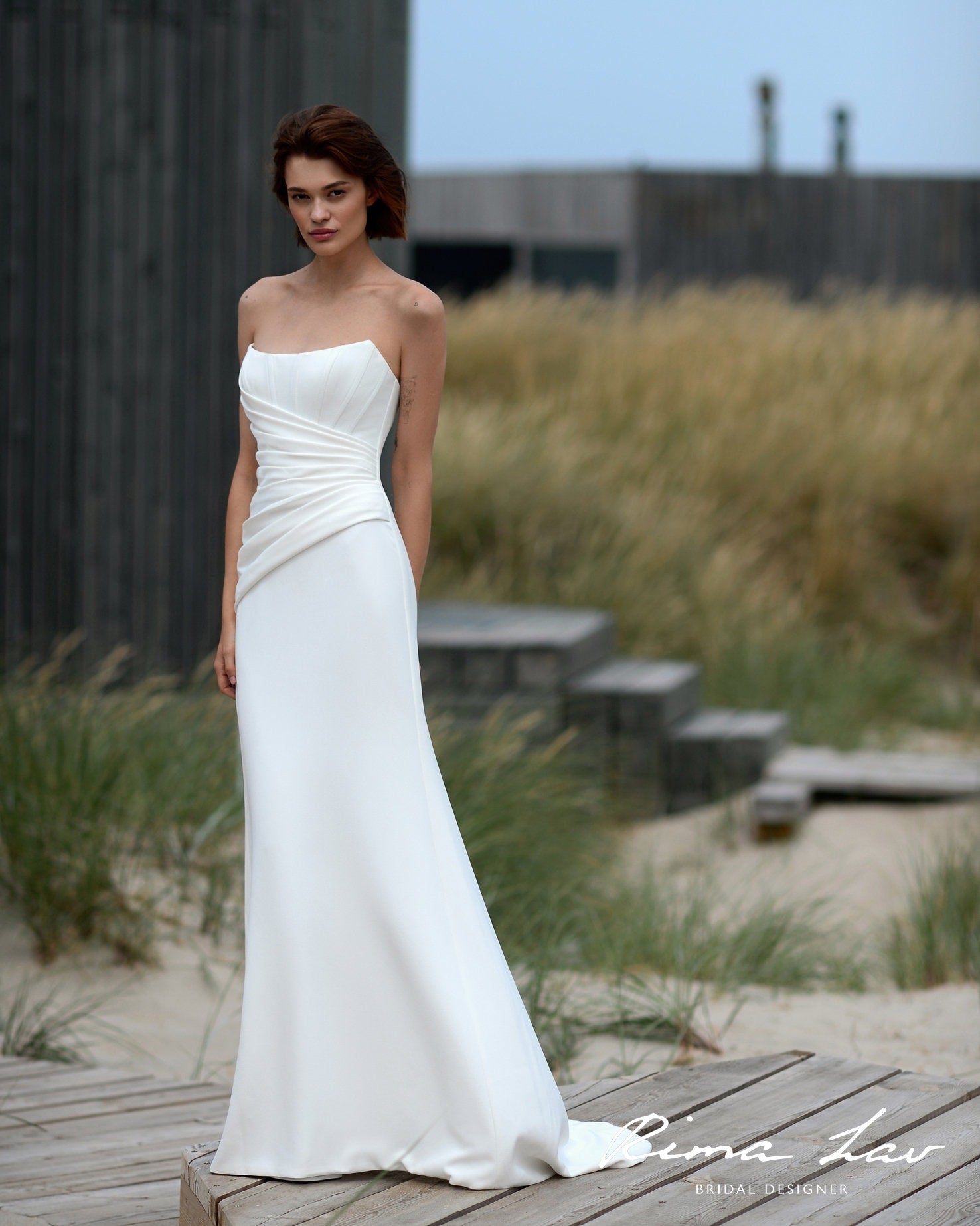 Modern Strapless Bridal Gown Wedding Dress Sheath Scooped Neckline Sleeveless Detachable Train Timeless Romance Gathered Waist Corset