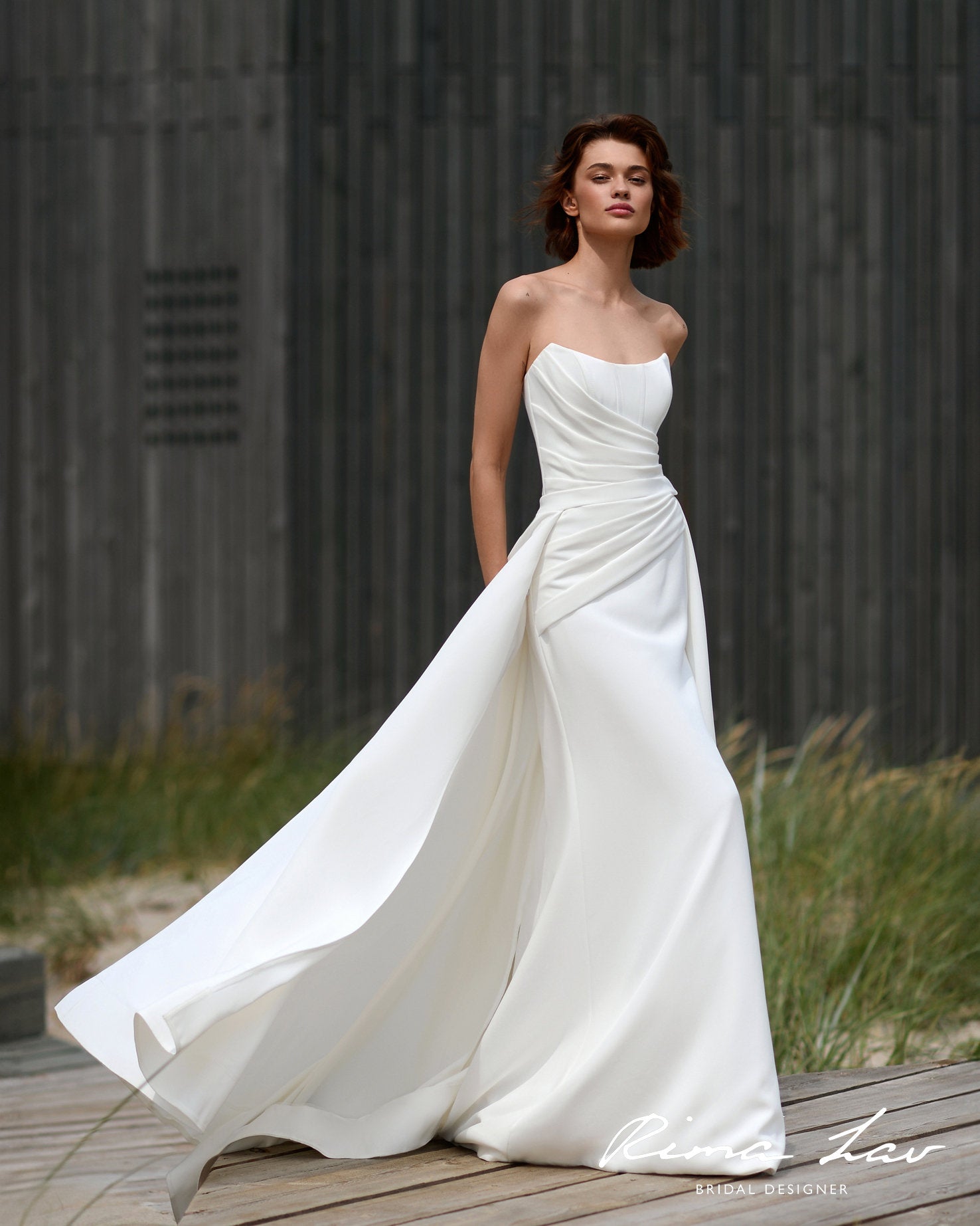 Modern Strapless Bridal Gown Wedding Dress Sheath Scooped Neckline Sleeveless Detachable Train Timeless Romance Gathered Waist Corset