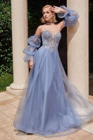 Sparkley Corset Aline Formal Wedding Dress Prom Gala Sweetheart Split Neckline Strapless Sleeveless Bridal Gown Glam Black Blue Sparkle