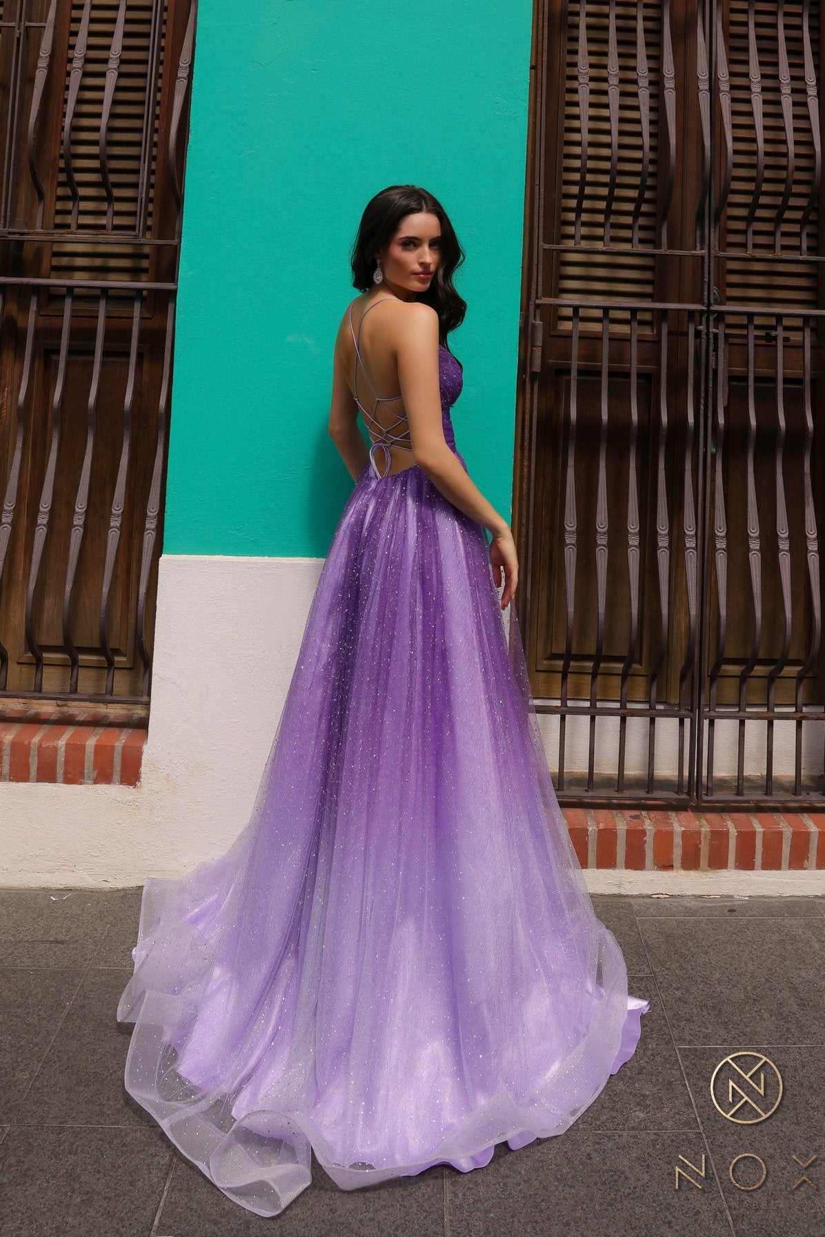 Aline V Neckline Sleeveless Wedding Dress Bridal Gown Formal Prom Gala Dress Side Slit Ombre Purple Color Sparkle Skirt Straps Open Back