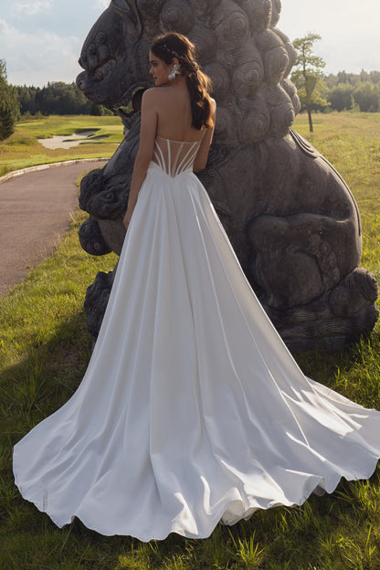 Original Beautiful Aline Wedding Dress Bridal Gown Sleeveless Strapless Sweetheart Neckline Side Slit Atlas Fabric Open Back Basque Waist