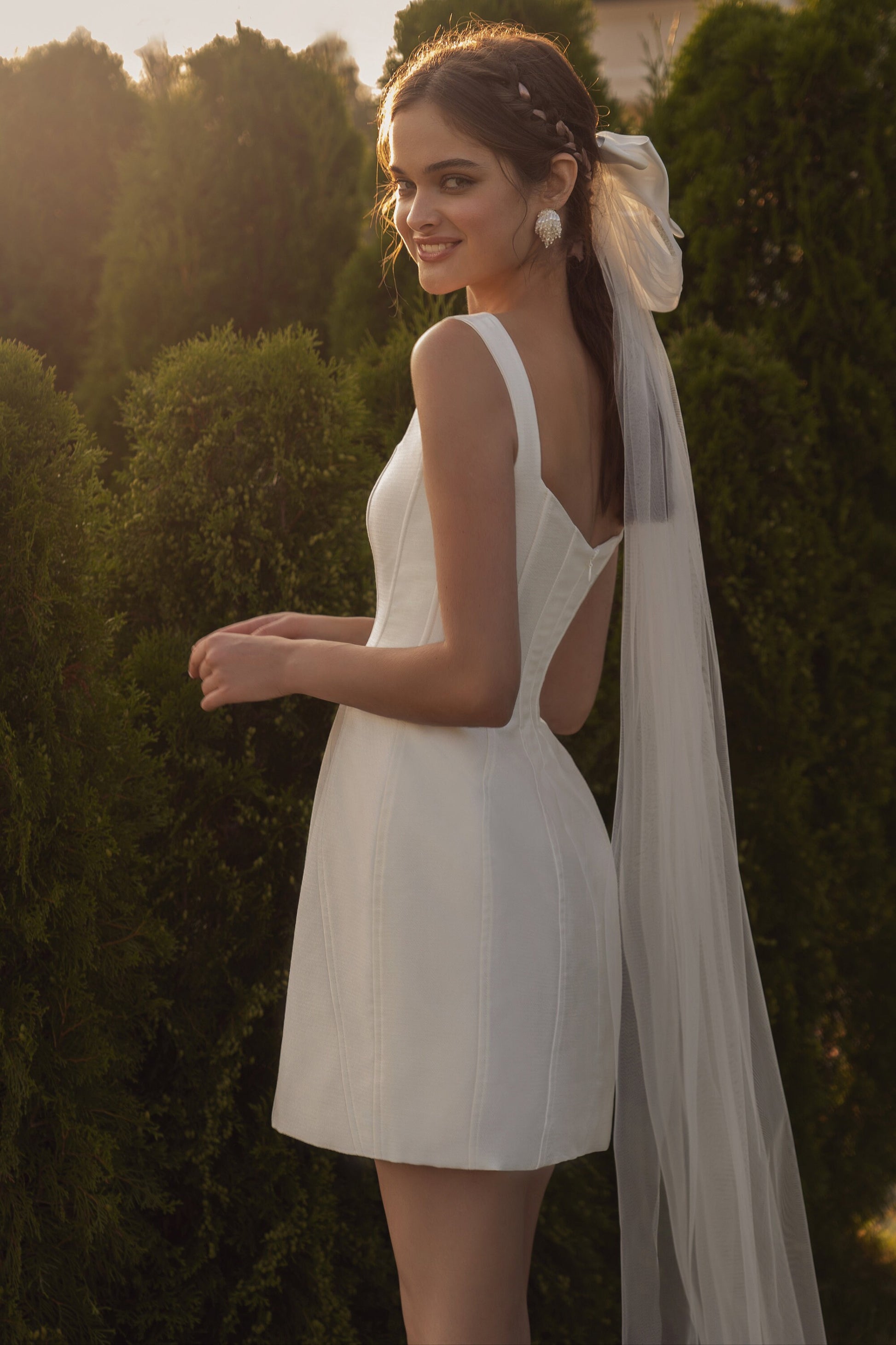 Original Beautiful Short Midi Wedding Dress Bridal Gown Sleeveless With Straps Square Neckline Open Back Visable Boning Minimalist