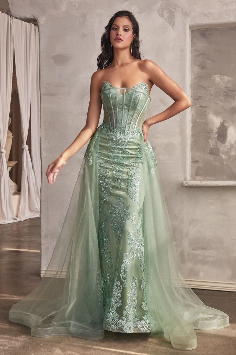 Sparkling Glitter Fit and Flare Prom Gala Dress Detachable Overskirt Sleeveless Strapless Sweetheart Neckline Unique Design Formal Gown