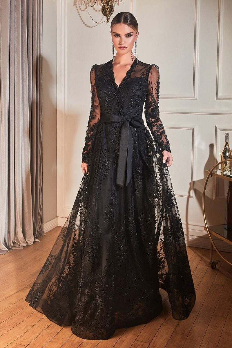 Modest Glitter Aline Prom Gala Dress Scalloped V Neckline Unique Design Formal Gown Mother of the Bride Layered Skirt Long Sleeve