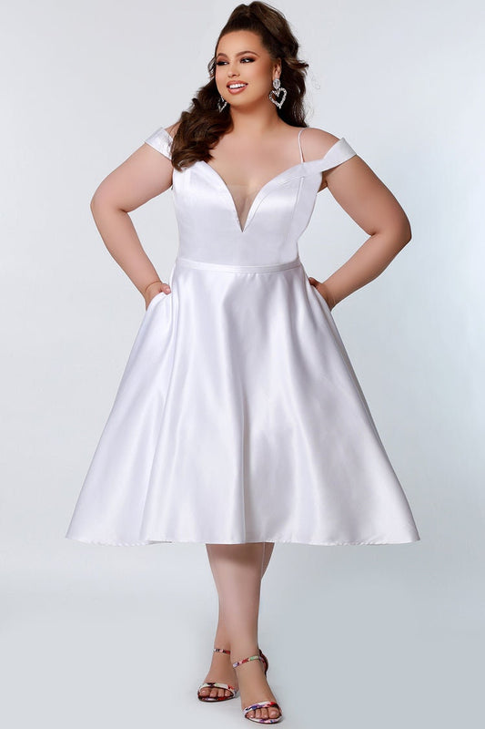 Short Satin Aline Plus Size Wedding Dress Bridal SleevelessOff the Shoulder Neckline Bridal Shower Reception Tea Length Dress Pockets