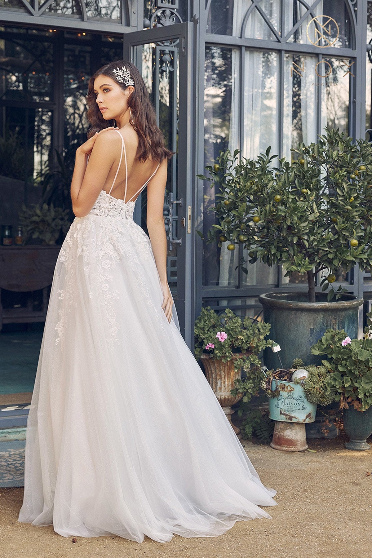 Timeless Classic Sleeveless Aline Wedding Dress Plunge Neckline Bridal Gown Open Back Straps Floral Lace Quick Ship
