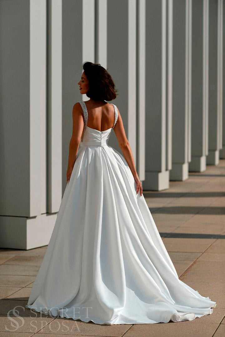 Classic Sleeveless Square Neckline Open Back Wedding Dress Bridal Gown Simple Satin Design Aline Silhouette Open Sides Beaded Straps